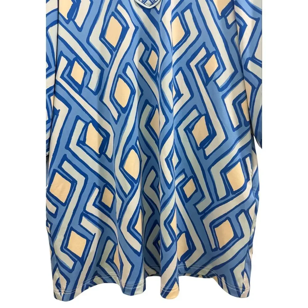J McLaughlin Emer Dress M Blue Geo Print V-Neck 3/4 Sleeve Midi Casual Resort - Picture 7 of 9